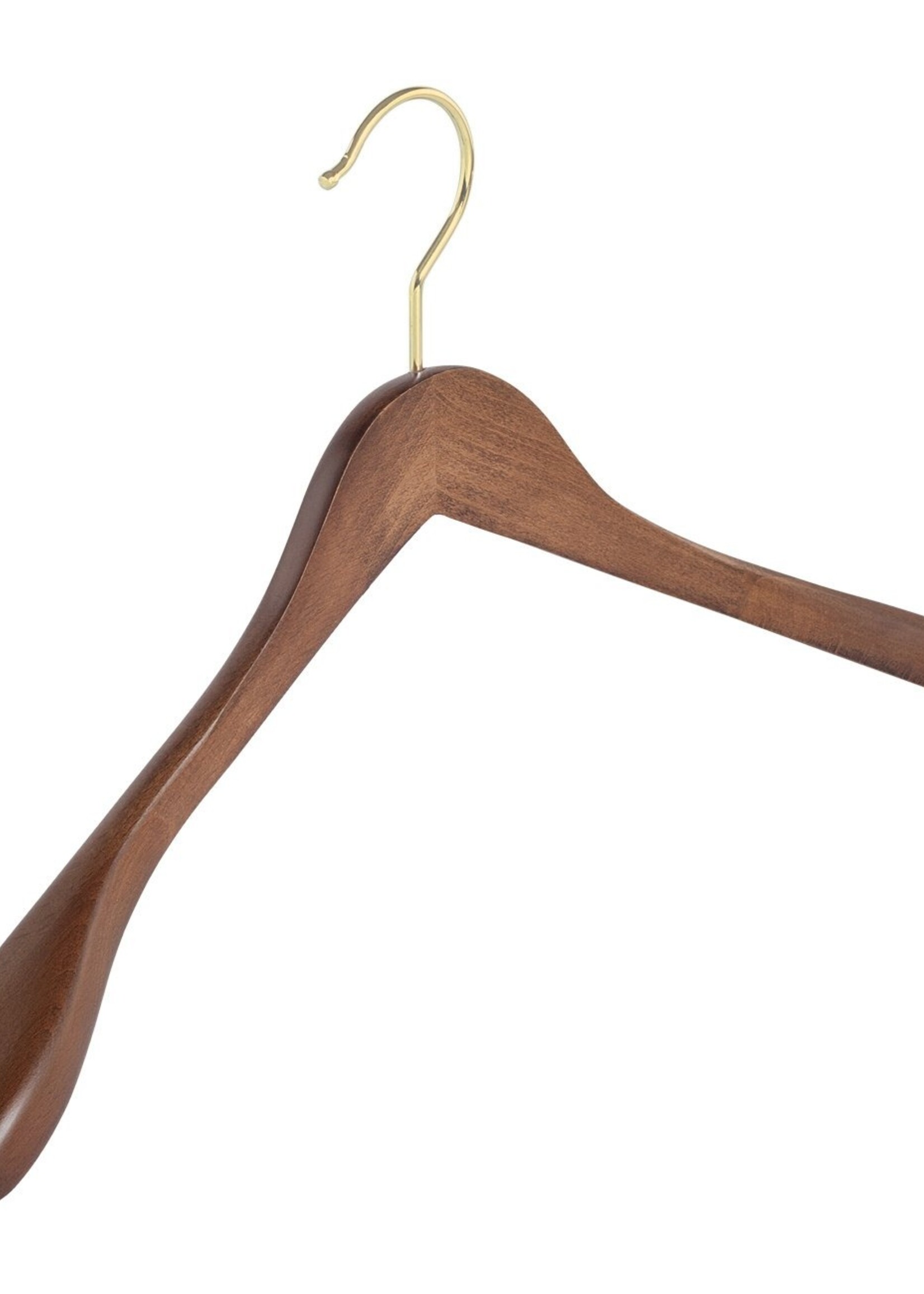 Cintre veste / costume (galbé) bois hêtre teinté noyer avec crochet doré et épaules larges