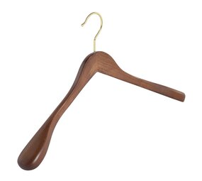 Cintre veste / costume (galbé) bois hêtre teinté noyer avec crochet doré et épaules larges Cintre veste / costume (galbé) bois hêtre teinté noyer avec crochet doré et épaules larges