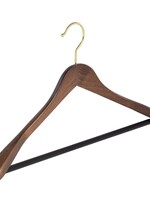 Cintre veste / costume (galbé) bois hêtre teinté noyer avec crochet doré, épaules larges et barre antidérapant