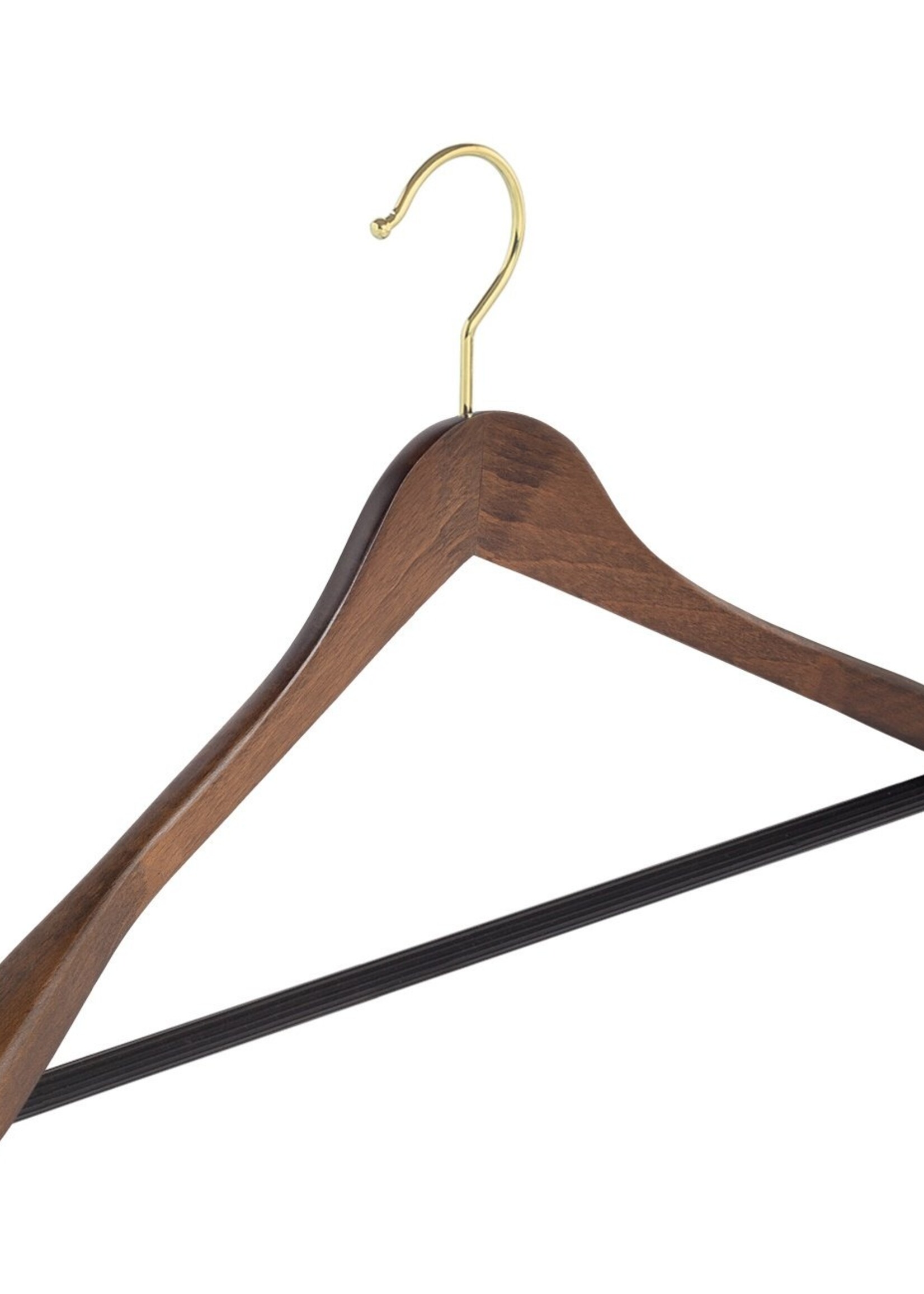 Cintre veste / costume (galbé) bois hêtre teinté noyer avec crochet doré, épaules larges et barre antidérapant