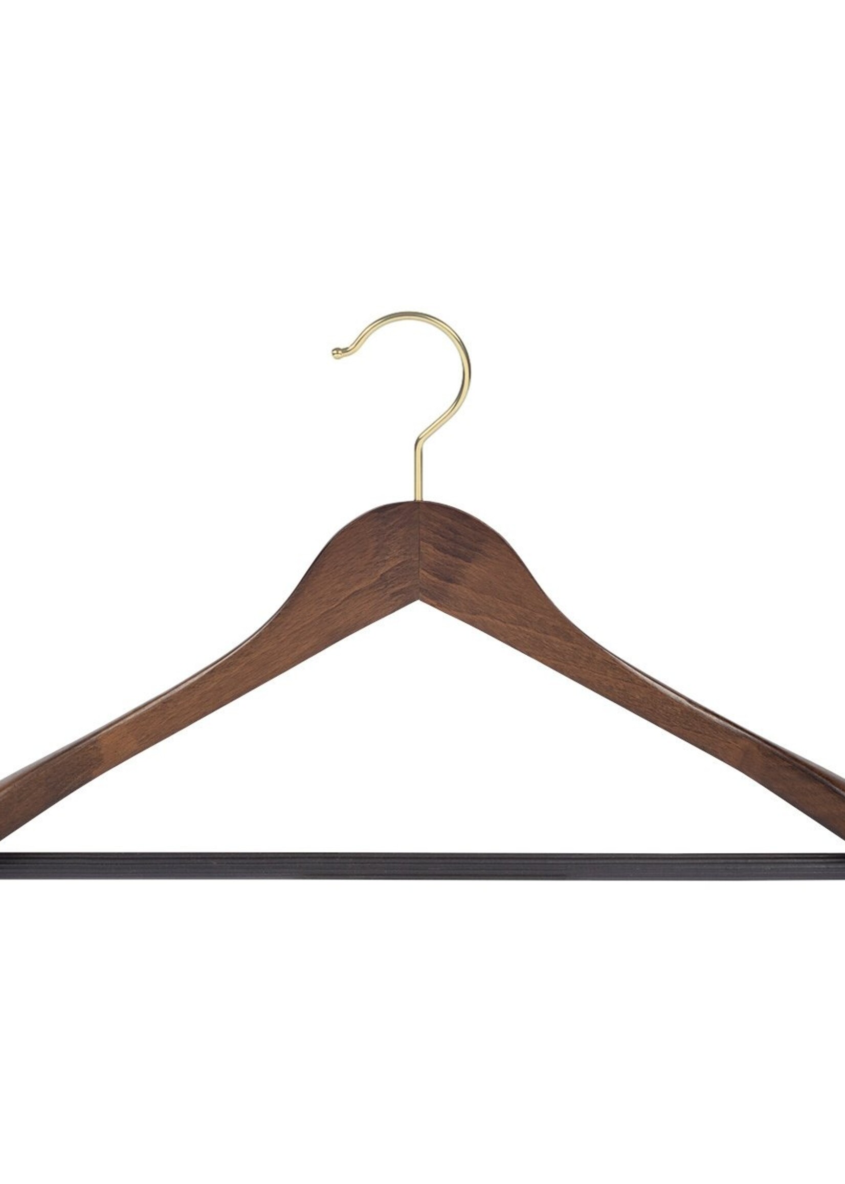 Cintre veste / costume (galbé) bois hêtre teinté noyer avec crochet doré, épaules larges et barre antidérapant