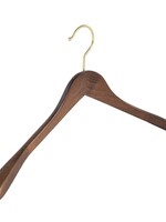 Cintre veste / costume (galbé) bois hêtre teinté noyer avec crochet doré et épaules larges