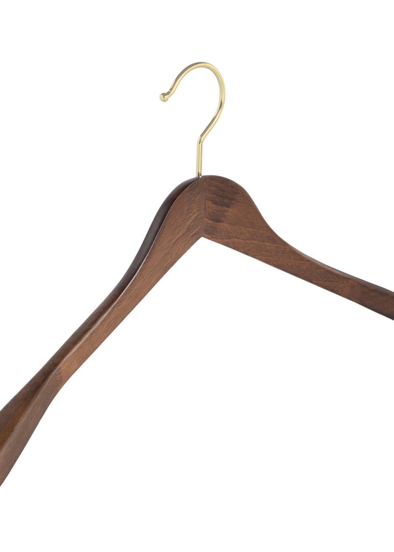 Cintre veste / costume (galbé) bois hêtre teinté noyer avec crochet doré et épaules larges