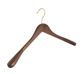 Cintre veste / costume (galbé) bois hêtre teinté noyer avec crochet doré et épaules larges Cintre veste / costume (galbé) bois hêtre teinté noyer avec crochet doré et épaules larges