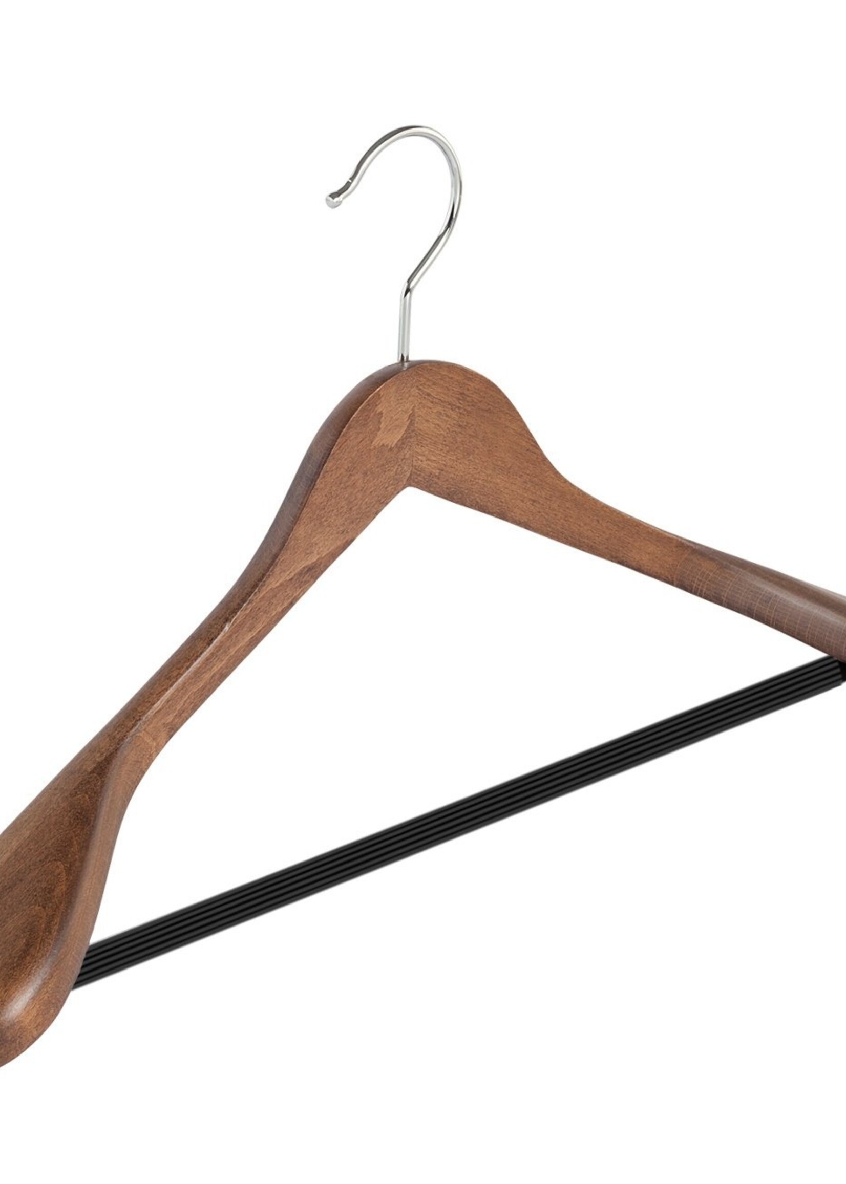 Cintre veste / costume (galbé) bois hêtre teinté noyer avec épaules larges et barre antidérapant