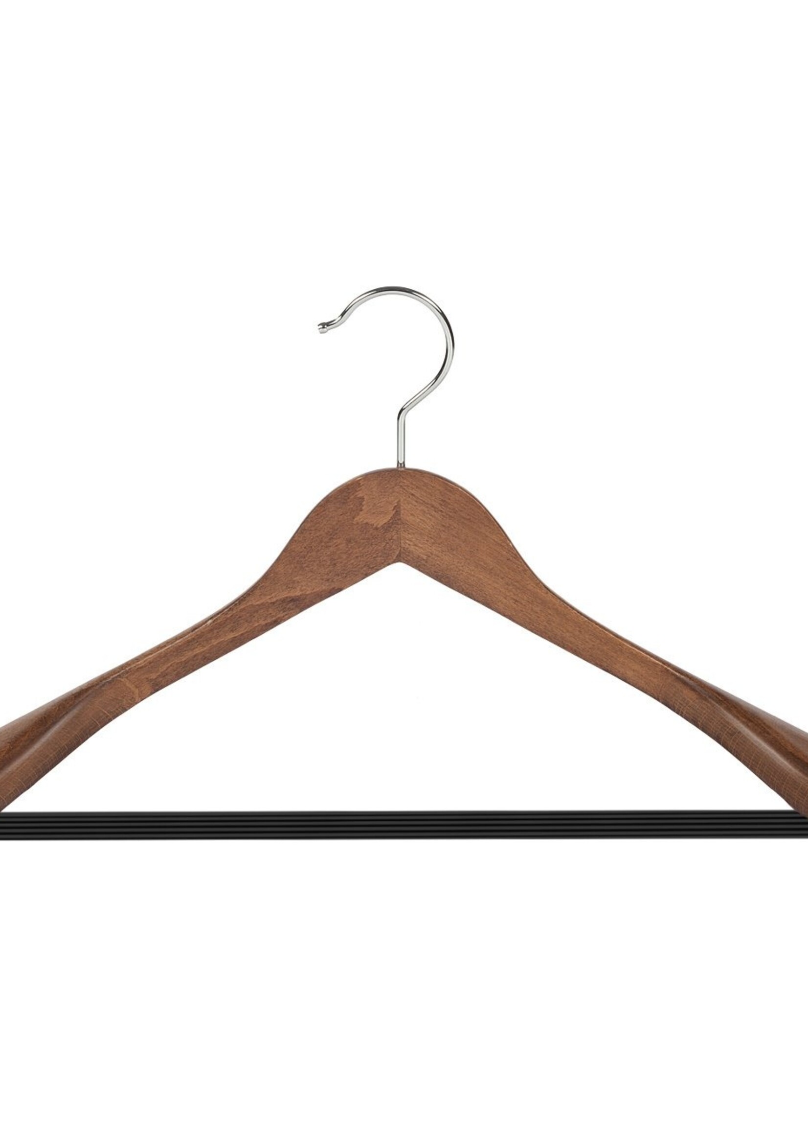 Cintre veste / costume (galbé) bois hêtre teinté noyer avec épaules larges et barre antidérapant