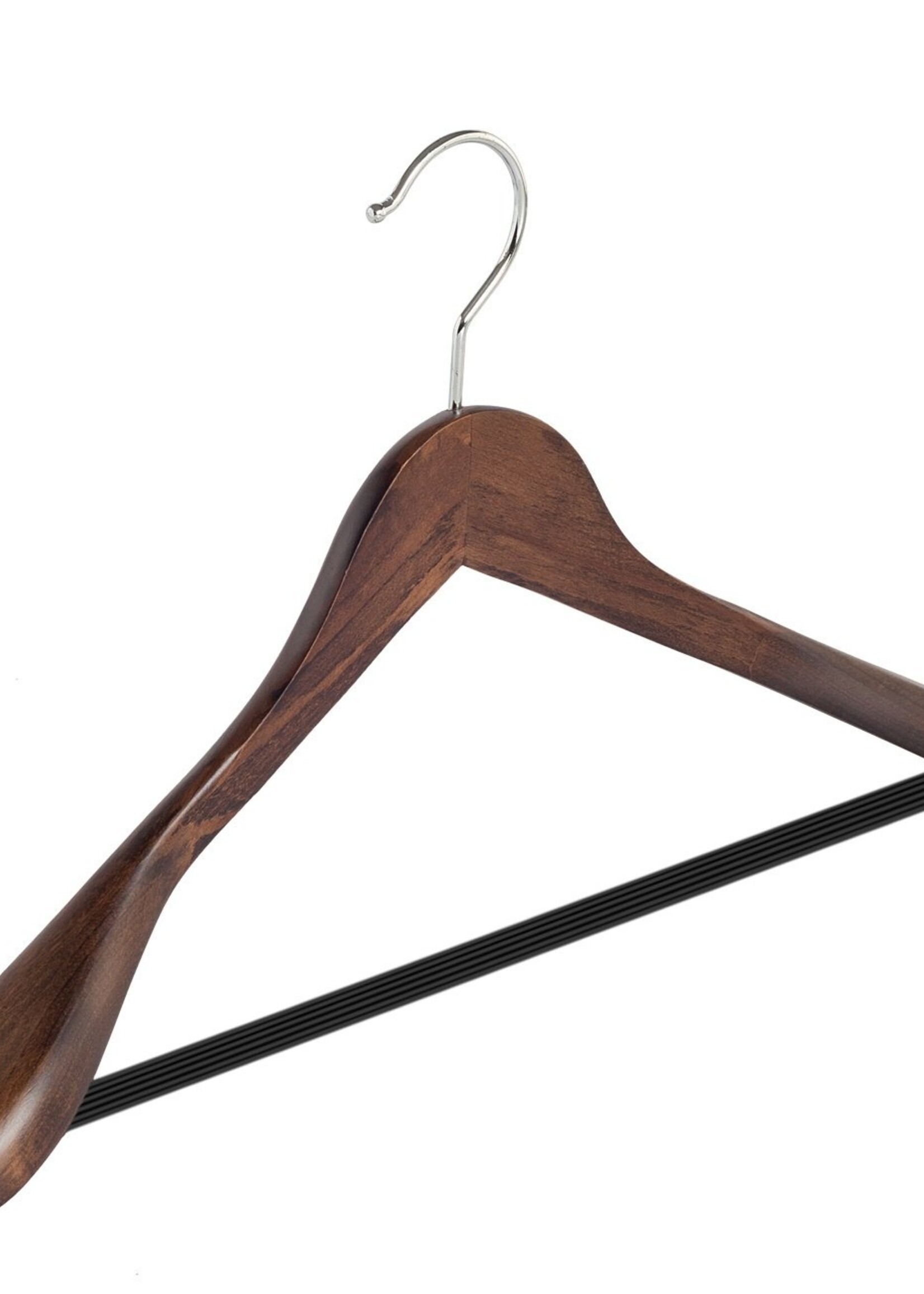 Cintre veste / costume (galbé) bois hêtre teinté noyer avec épaules larges et barre antidérapant