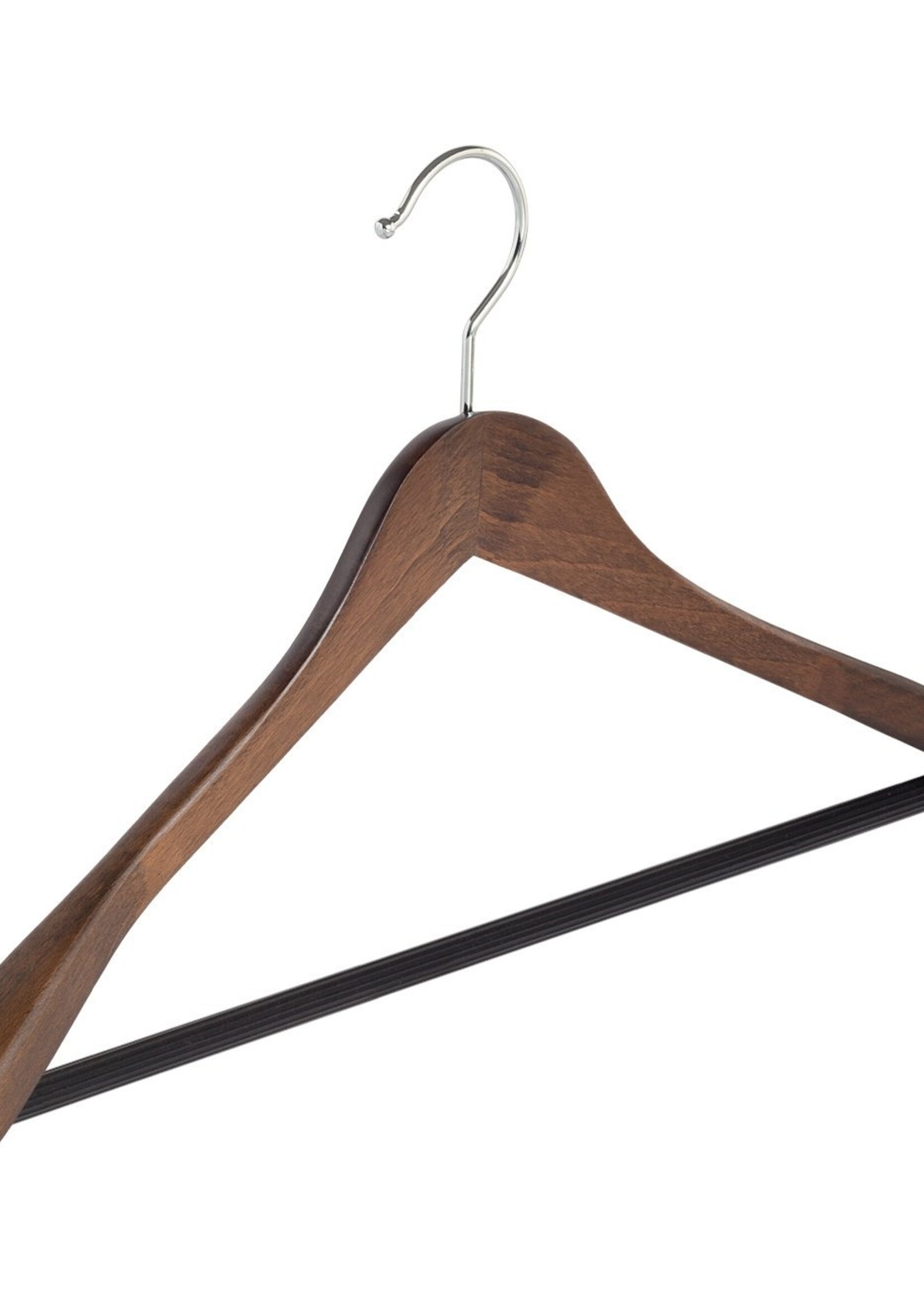 Cintre veste / costume (galbé) bois hêtre teinté noyer avec épaules larges et barre antidérapant