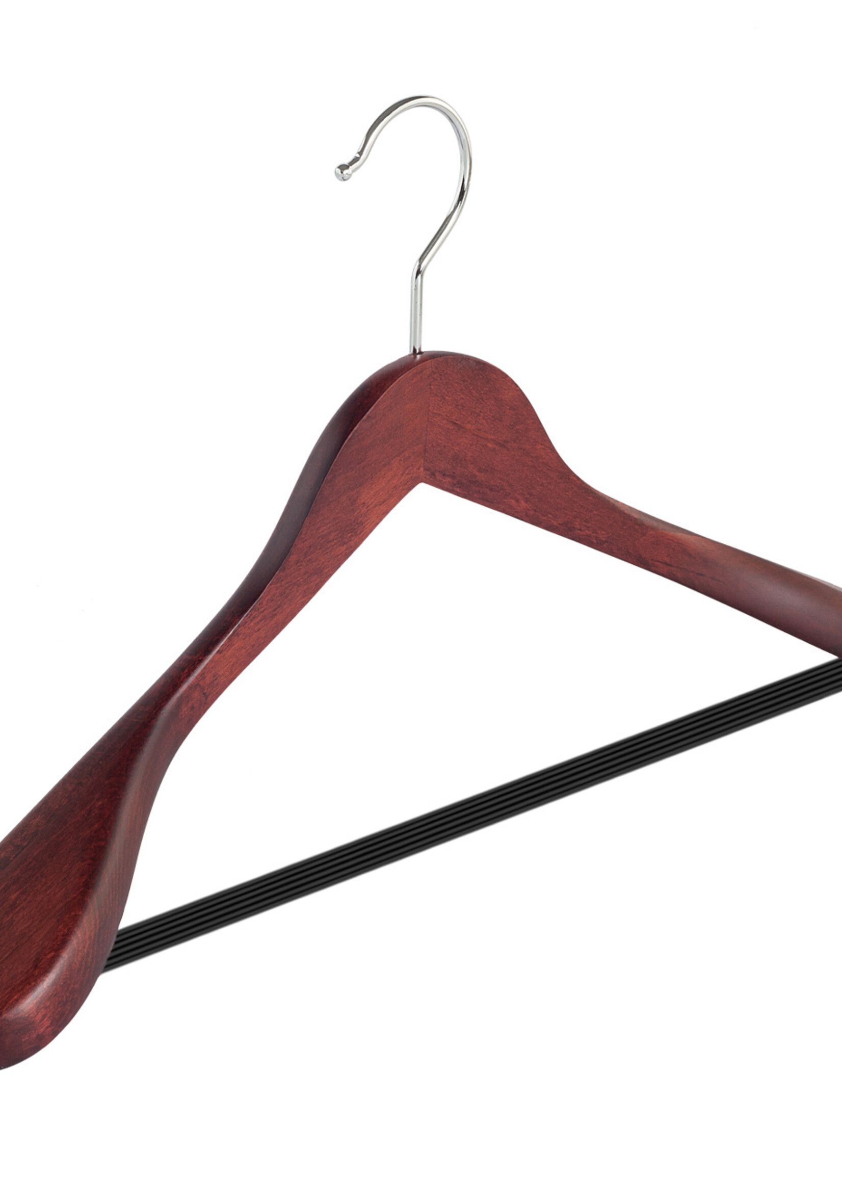Cintre veste / costume (galbé) bois hêtre teinté acajou avec épaules larges et barre antidérapant