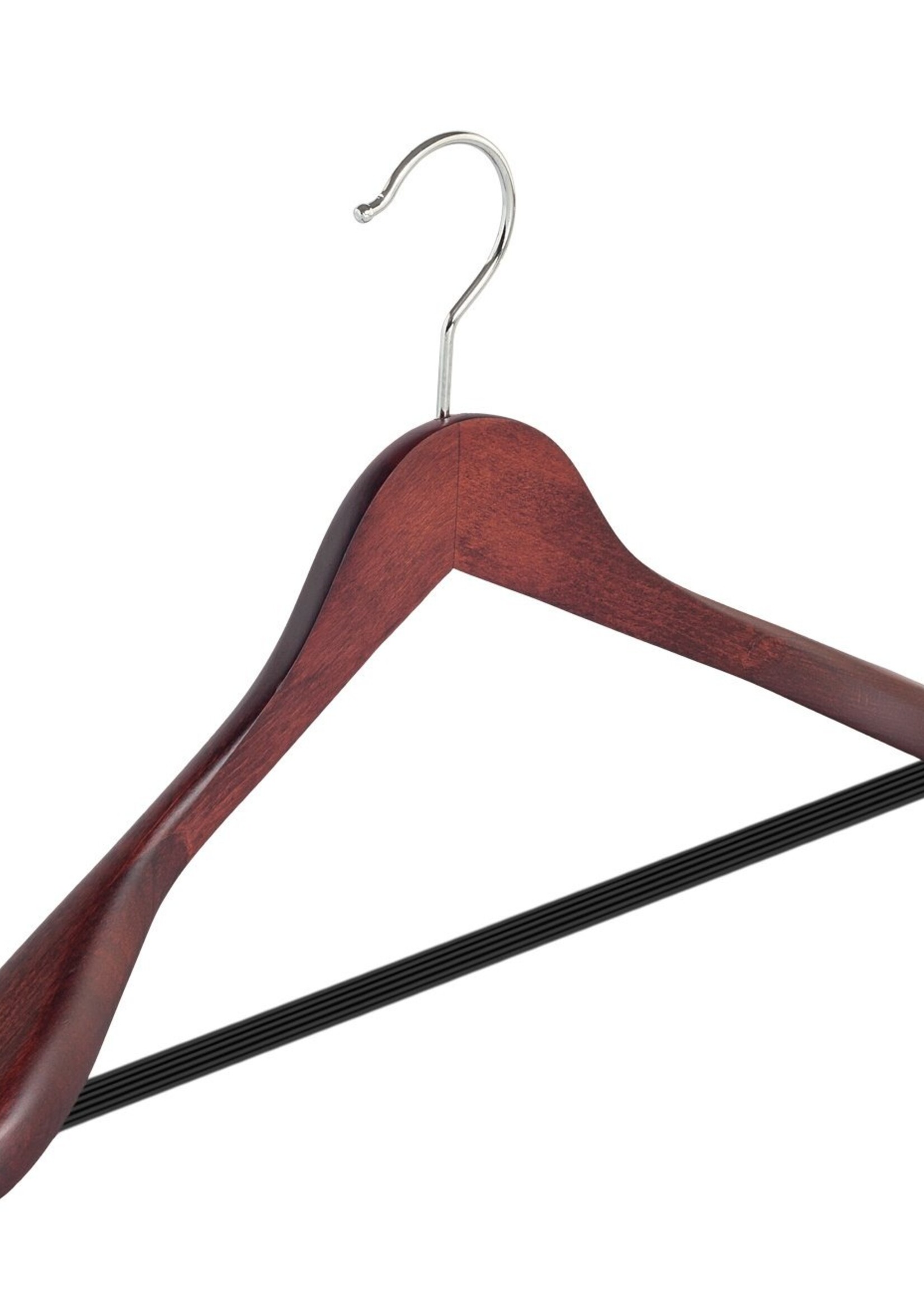 Cintre veste / costume (galbé) bois hêtre teinté acajou avec épaules larges et barre antidérapant