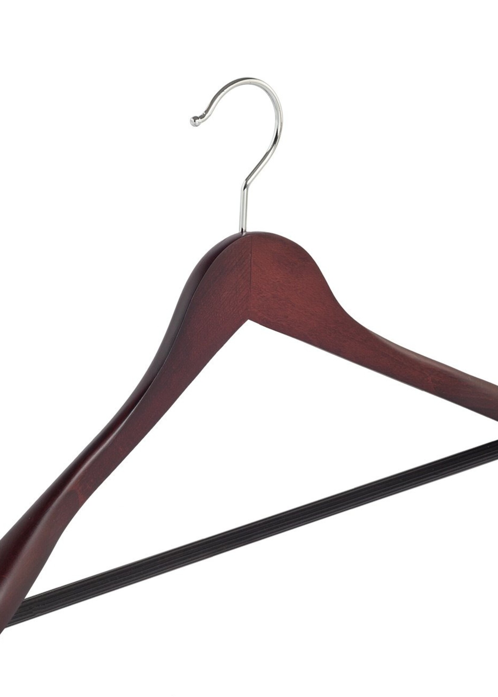 Cintre veste / costume (galbé) bois hêtre teinté acajou avec épaules larges et barre antidérapant