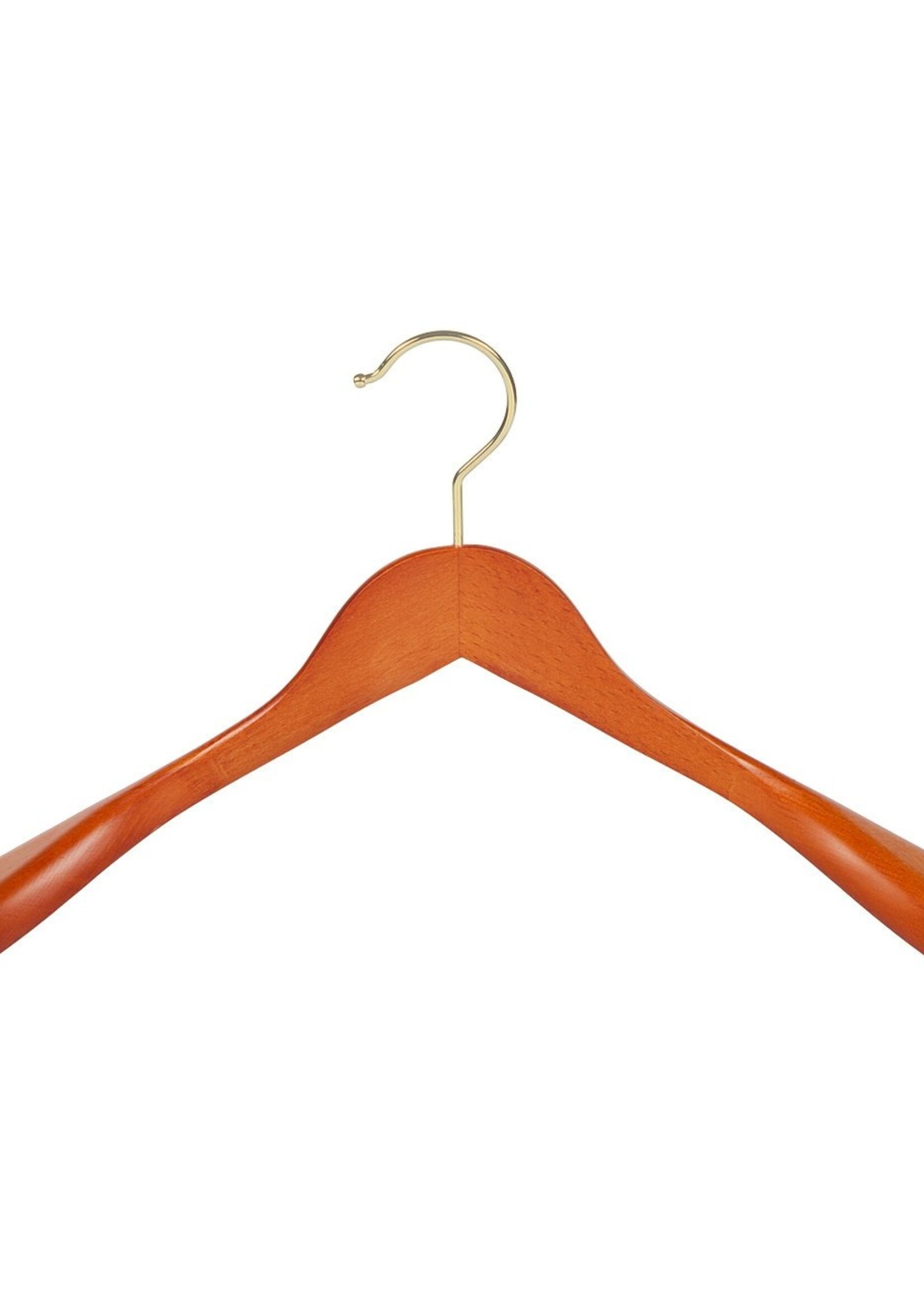 Cintre veste / costume (galbé) bois hêtre teinté cerisier avec crochet doré et épaules larges