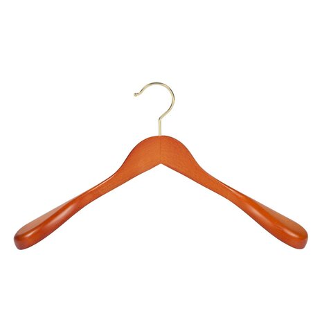 Cintre veste / costume (galbé) bois hêtre teinté cerisier avec crochet doré et épaules larges Cintre veste / costume (galbé) bois hêtre teinté cerisier avec crochet doré et épaules larges