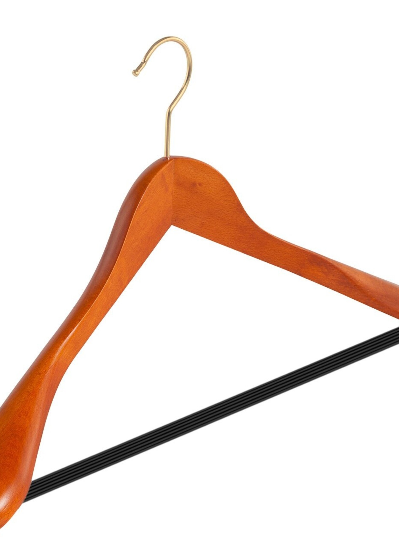 Cintre veste / costume (galbé) bois hêtre teinté cerisier avec crochet doré, épaules larges et barre antidérapant