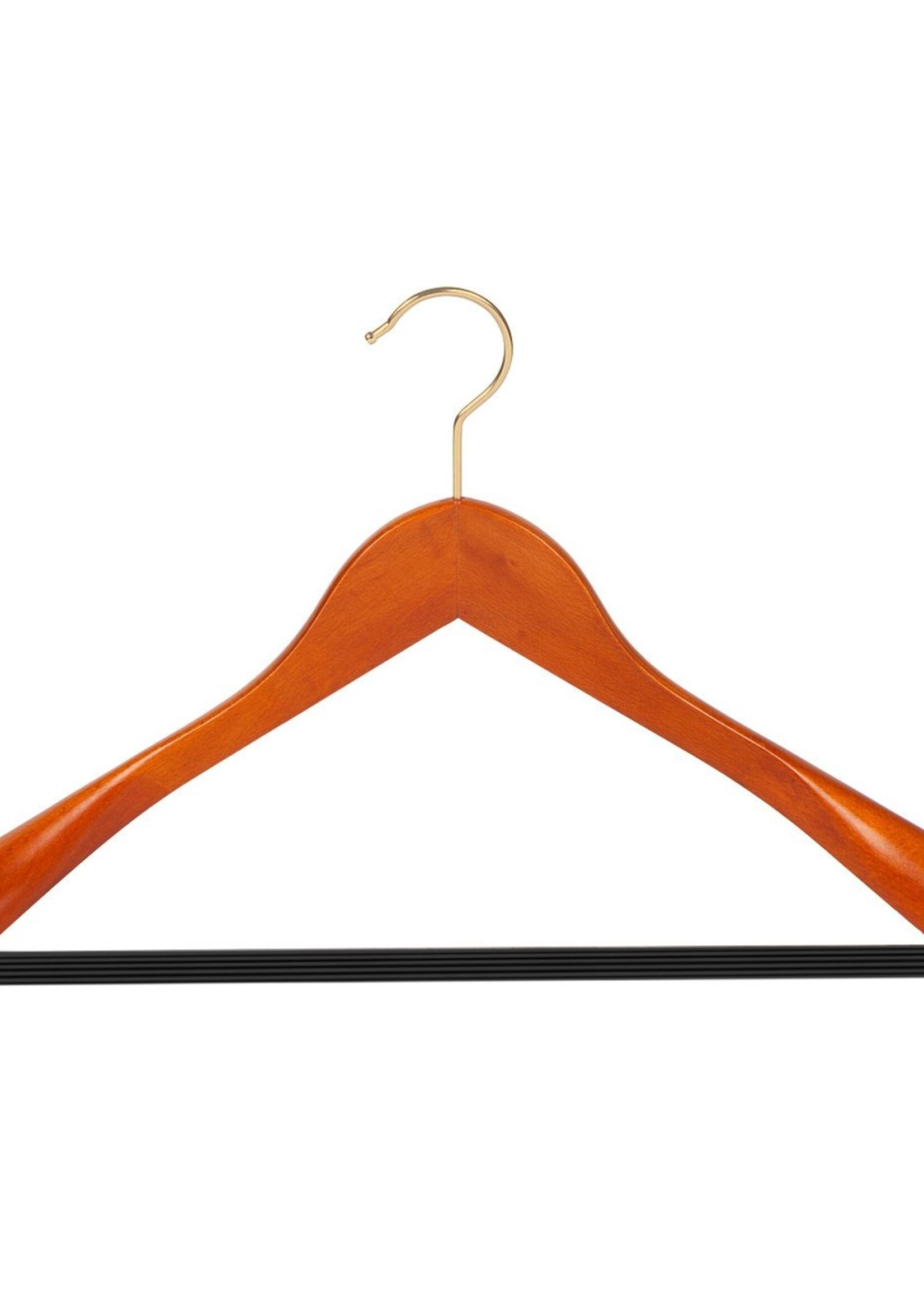 Cintre veste / costume (galbé) bois hêtre teinté cerisier avec crochet doré, épaules larges et barre antidérapant