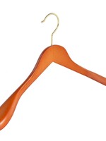 Cintre veste / costume (galbé) bois hêtre teinté cerisier avec crochet doré et épaules larges