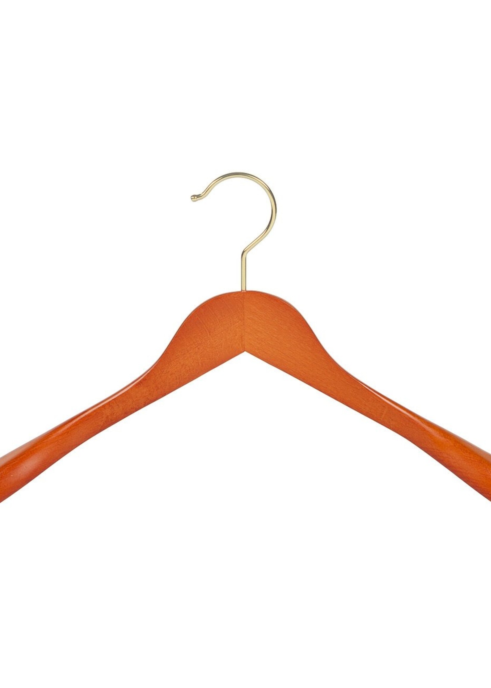 Cintre veste / costume (galbé) bois hêtre teinté cerisier avec crochet doré et épaules larges