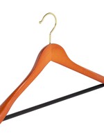 Cintre veste / costume (galbé) bois hêtre teinté cerisier avec crochet doré, épaules larges et barre antidérapant