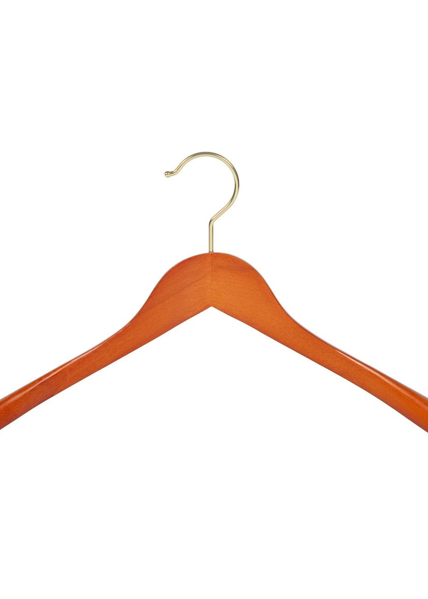 Cintre veste / costume (galbé) bois hêtre teinté cerisier avec crochet doré et épaules larges