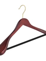 Cintre veste / costume (galbé) bois hêtre teinté acajou avec crochet doré, épaules larges et barre antidérapant