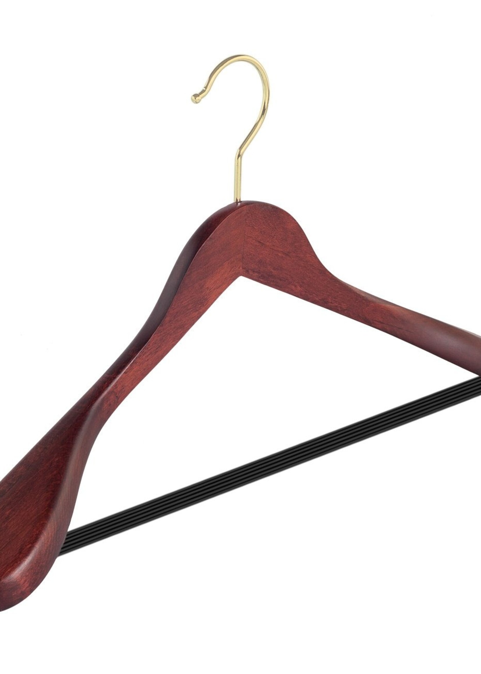 Cintre veste / costume (galbé) bois hêtre teinté acajou avec crochet doré, épaules larges et barre antidérapant
