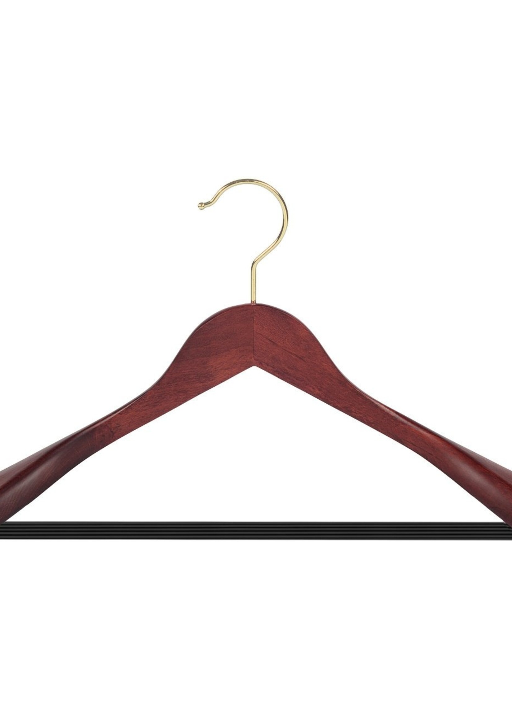 Cintre veste / costume (galbé) bois hêtre teinté acajou avec crochet doré, épaules larges et barre antidérapant