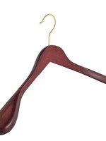 Cintre veste / costume (galbé) bois hêtre teinté acajou avec crochet doré et épaules larges