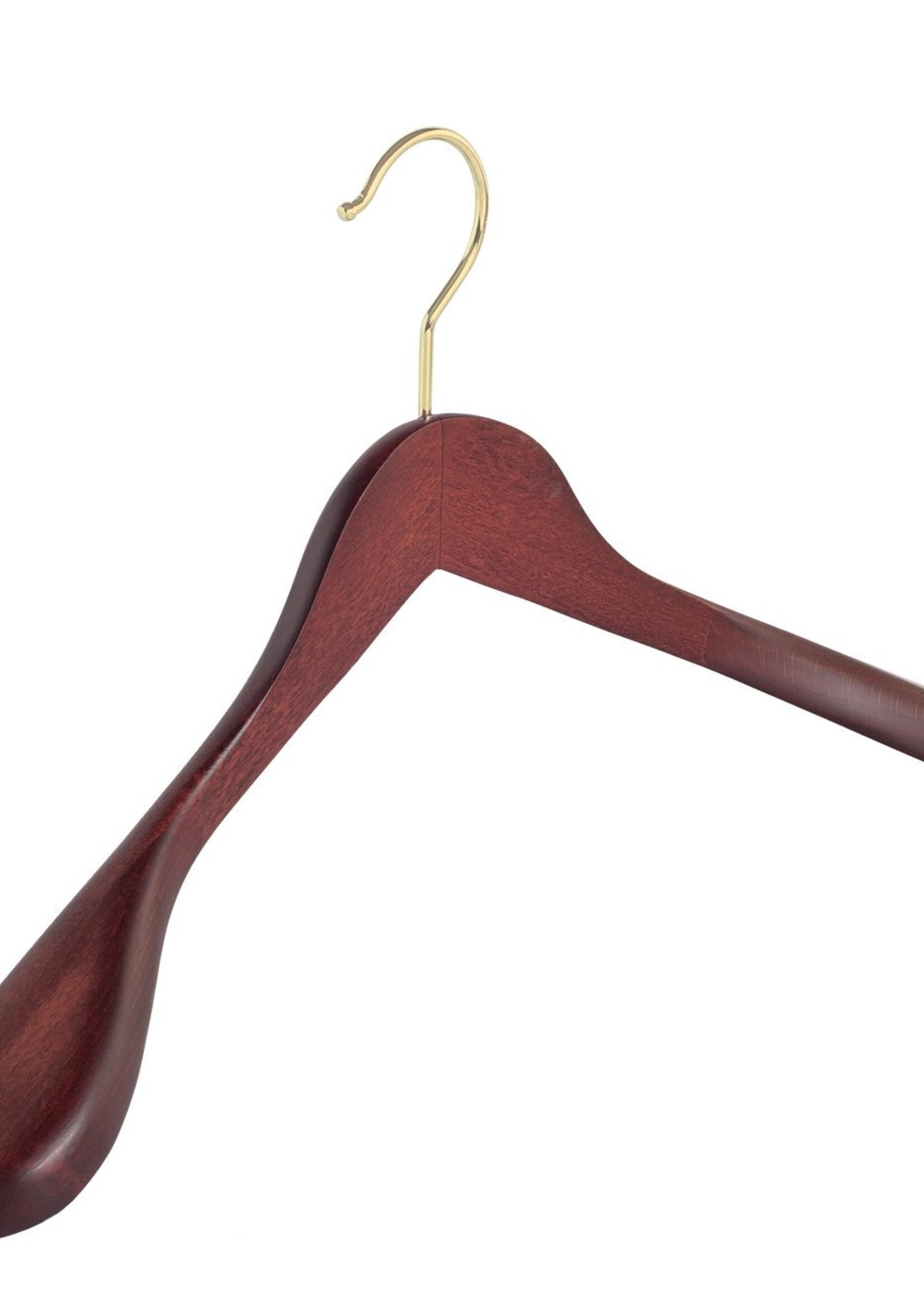 Cintre veste / costume (galbé) bois hêtre teinté acajou avec crochet doré et épaules larges