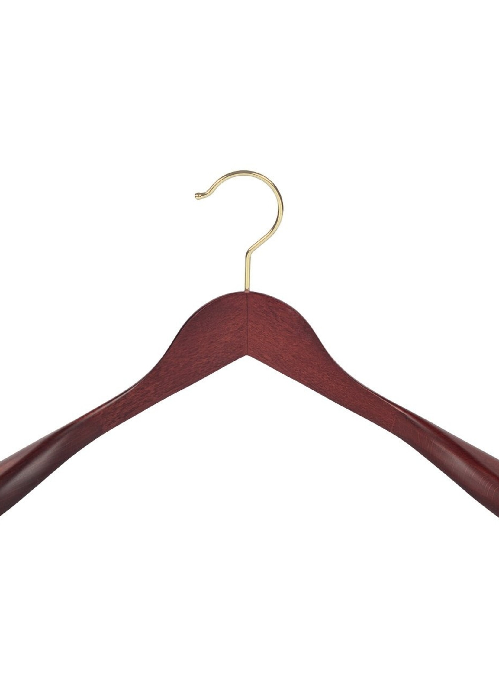 Cintre veste / costume (galbé) bois hêtre teinté acajou avec crochet doré et épaules larges