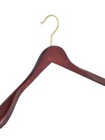 Cintre veste / costume (galbé) bois hêtre teinté acajou avec crochet doré et épaules larges