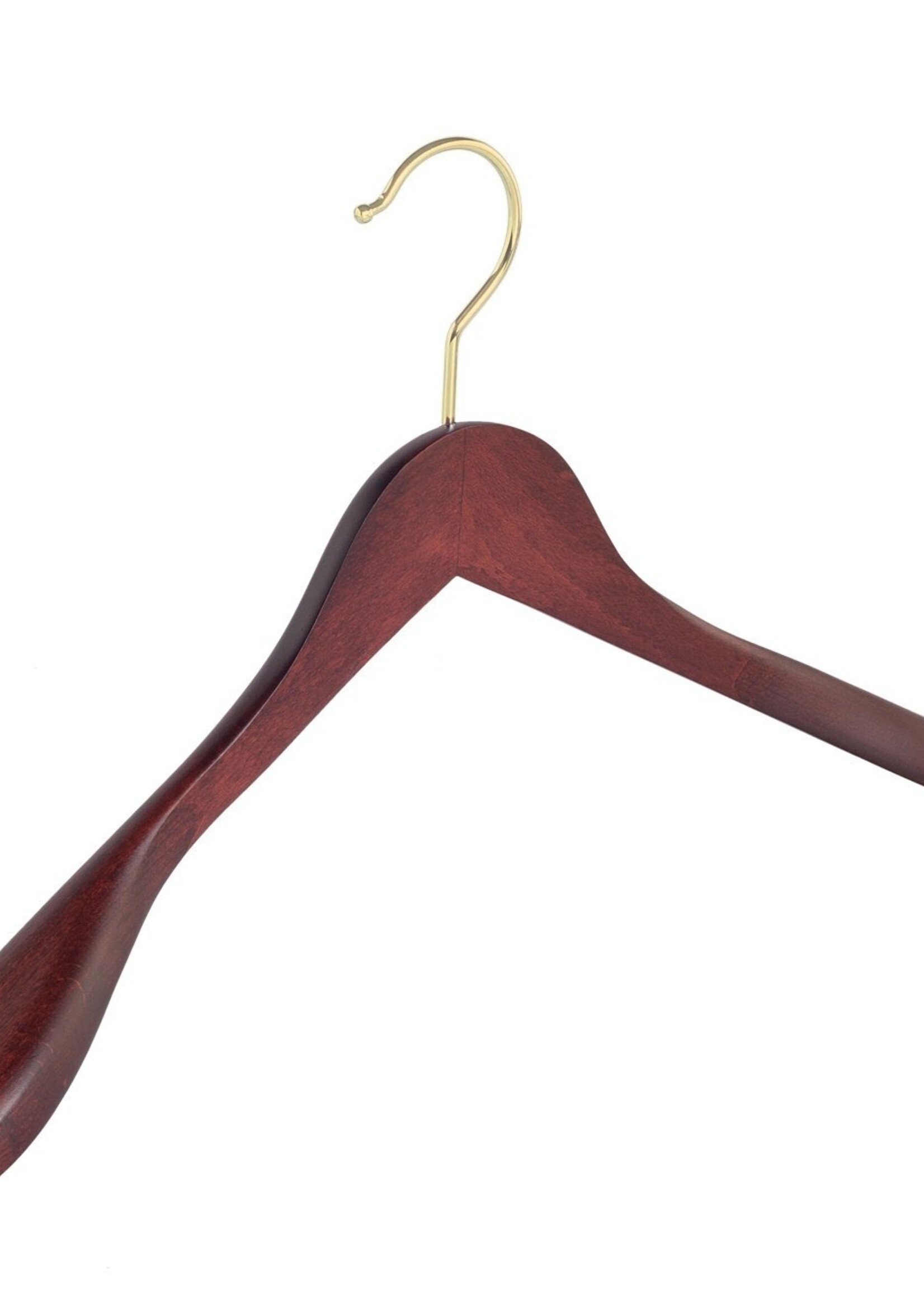 Cintre veste / costume (galbé) bois hêtre teinté acajou avec crochet doré et épaules larges