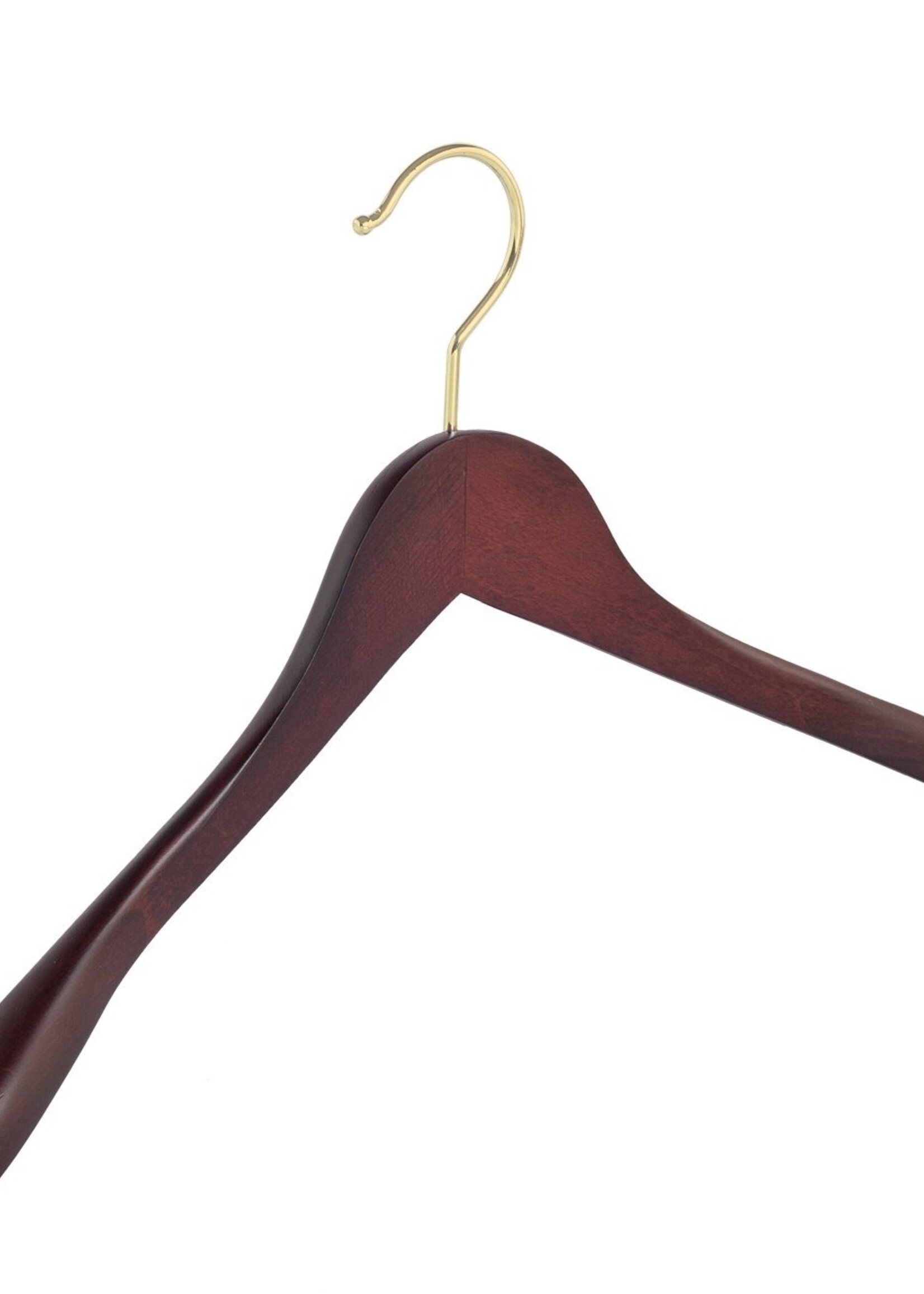 Cintre veste / costume (galbé) bois hêtre teinté acajou avec crochet doré et épaules larges