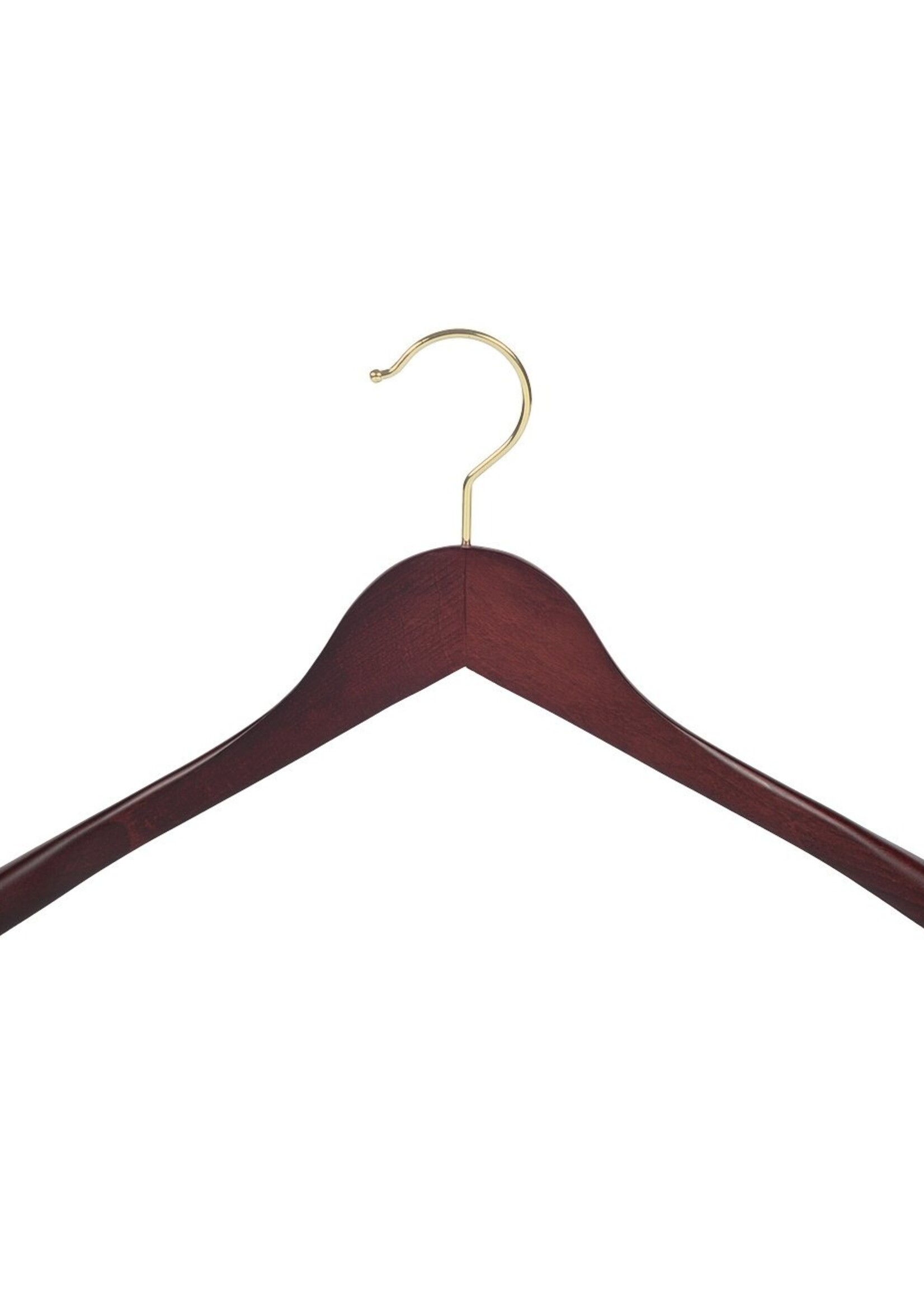 Cintre veste / costume (galbé) bois hêtre teinté acajou avec crochet doré et épaules larges