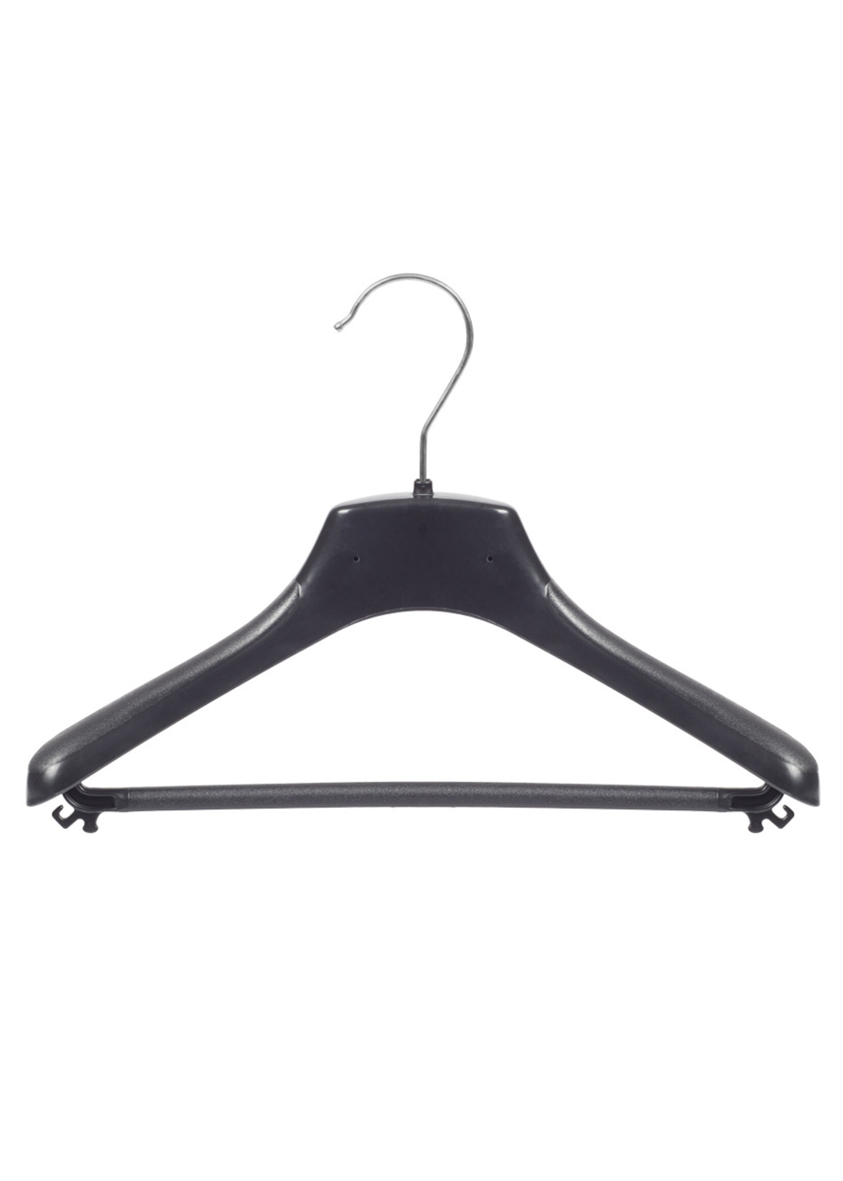 Cintre veste / costume (galbé) plastique noir avec épaules larges et barre