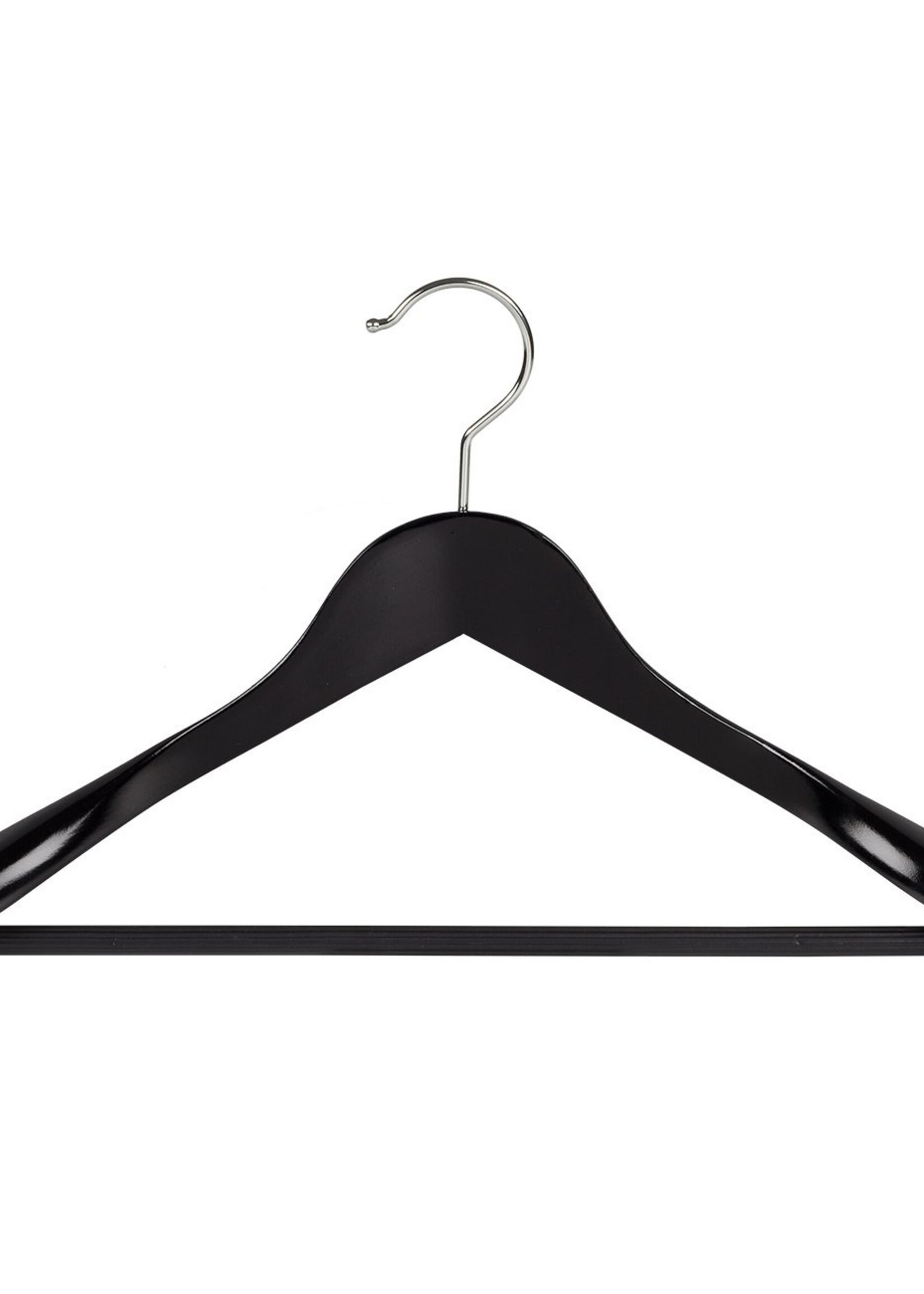 Cintre veste / costume (galbé) bois lotus laqué noir avec épaules larges et barre antidérapant