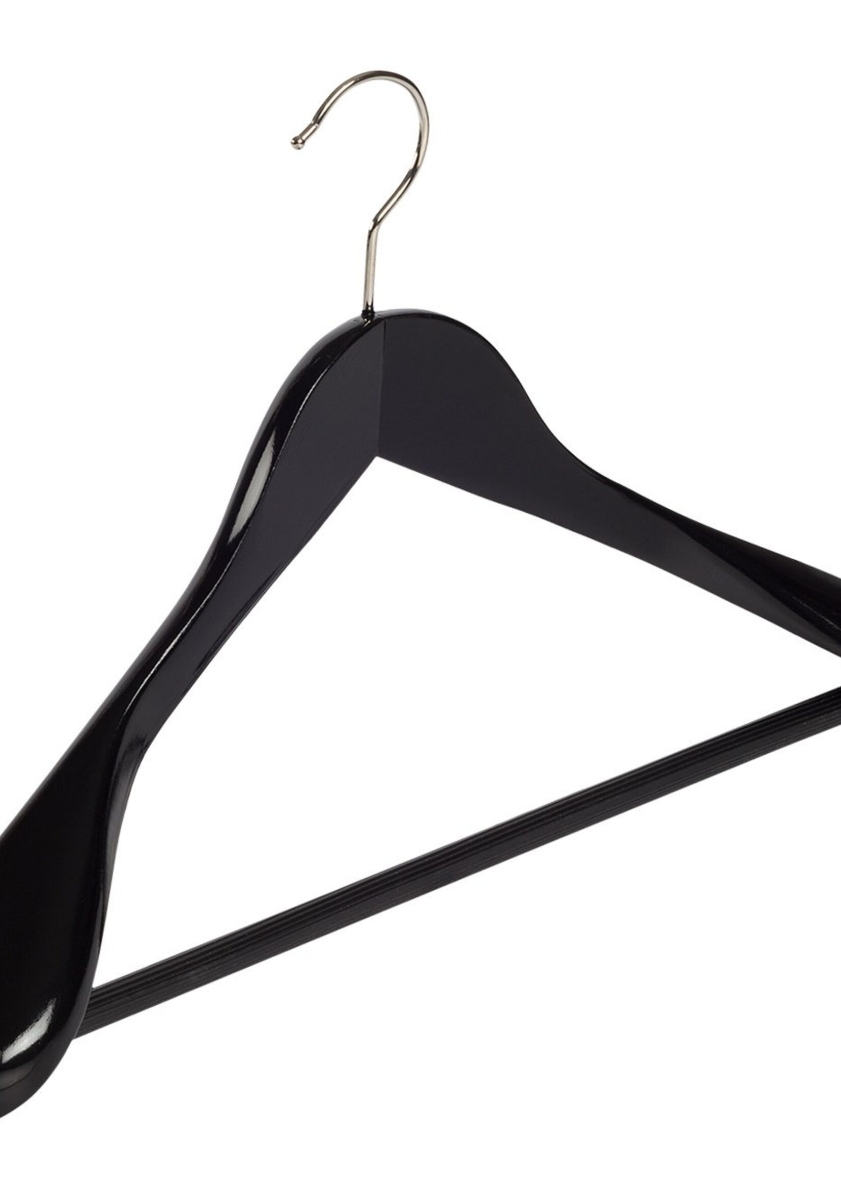 Cintre veste / costume (galbé) bois lotus laqué noir avec épaules larges et barre antidérapant