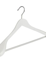 Cintre veste / costume (galbé) bois lotus laqué blanc avec épaules larges et barre antidérapant