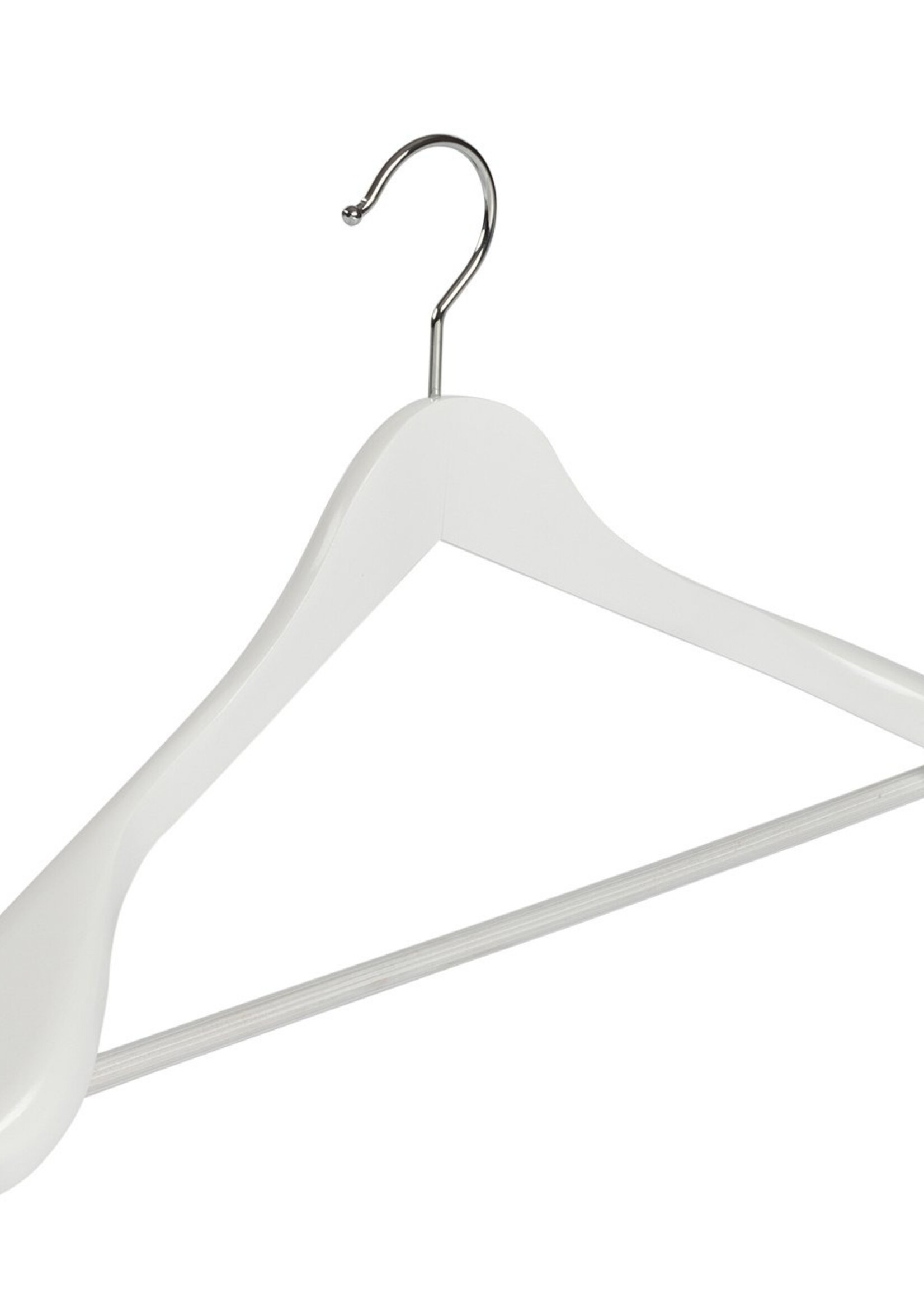 Cintre veste / costume (galbé) bois lotus laqué blanc avec épaules larges et barre antidérapant