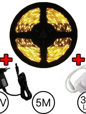 5 meter LED Strip Set Warm Wit Compleet met Dimmer