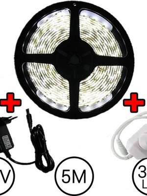 5 meter LED Strip Set Helder Wit Compleet met Dimmer
