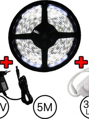 5 meter LED Strip Set Koud Wit Compleet met Dimmer
