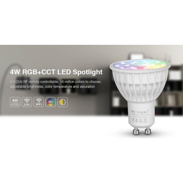 Milight / MiBoxer 4 Watt RGB + Warm Wit en Koud Wit GU10 CCT Dual White Inbouw Spot
