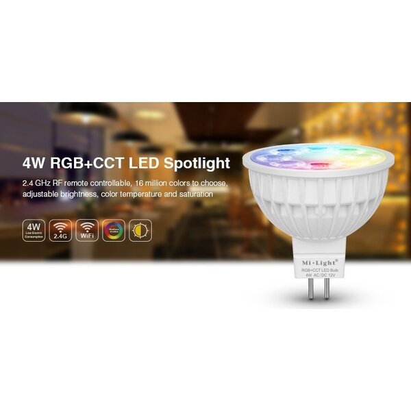 Milight / MiBoxer 4 Watt 12 Volt RGB + Warm Wit en Koud Wit MR16 CCT Dual White Inbouw Spot