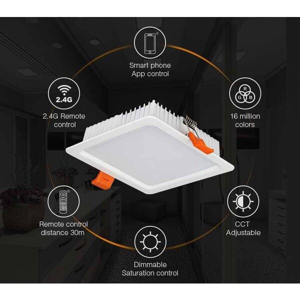 Milight / MiBoxer 9 Watt RGB + Warm Wit + Koud Wit CCT Downlight Vierkant