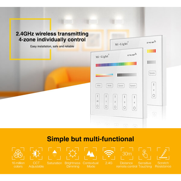 Milight / MiBoxer Draadloos 2,4Ghz Inbouw Wandpaneel 230 Volt 4 Zone RGB+CCT