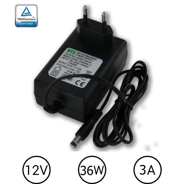 DYS LEDstrip voedingsadapter 12V - 3A – 36 Watt - TÜV keurmerk - Efficiëntielevel 5