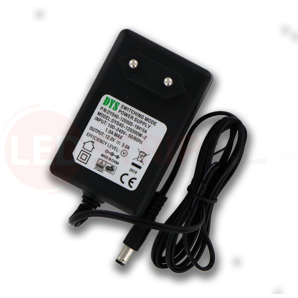 DYS LEDstrip voedingsadapter 12V - 3A – 36 Watt - TÜV keurmerk - Efficiëntielevel 5