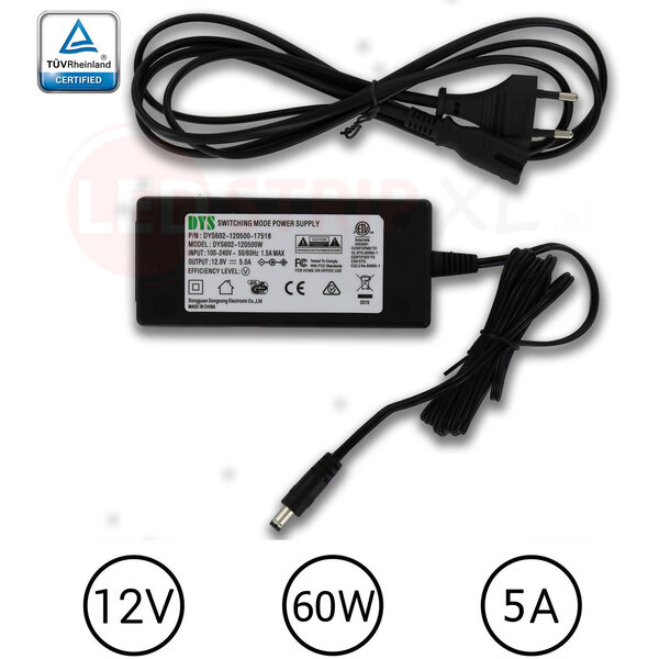 DYS LEDstrip voedingsadapter 12V - 5A – 60 Watt - TÜV keurmerk - Efficiëntielevel 5