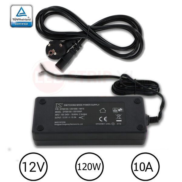 DYS LEDstrip voedingsadapter 12V - 10A – 120 Watt - TÜV keurmerk - Efficiëntielevel 5