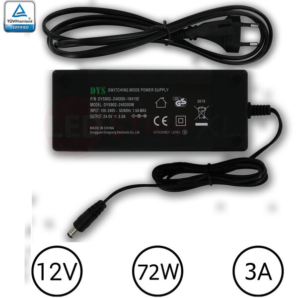 DYS LEDstrip voedingsadapter 24V - 3A – 72 Watt - TÜV keurmerk - Efficiëntielevel 5